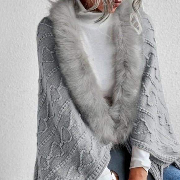 Faux fur Trim Textured Knit  Open front Sweater Cardigan Gray - Picture 3 of 9